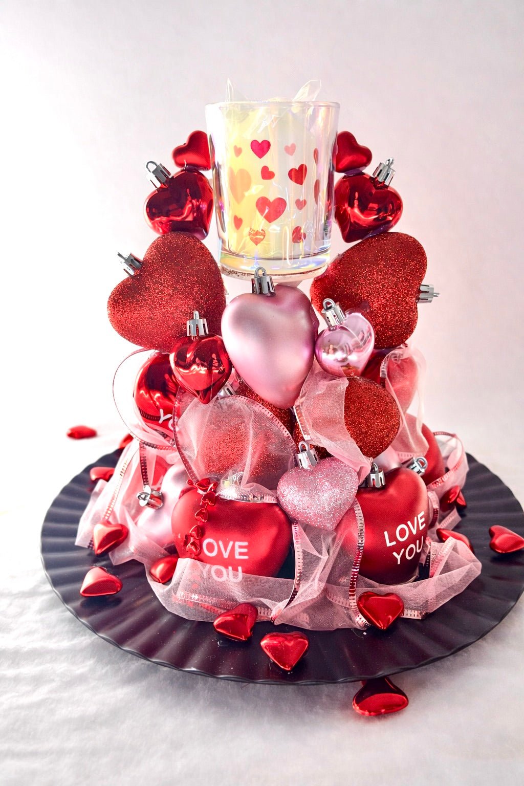 Romantic Valentine Heart Centerpiece with Candle with hearts and lights - Made From the Heart Co