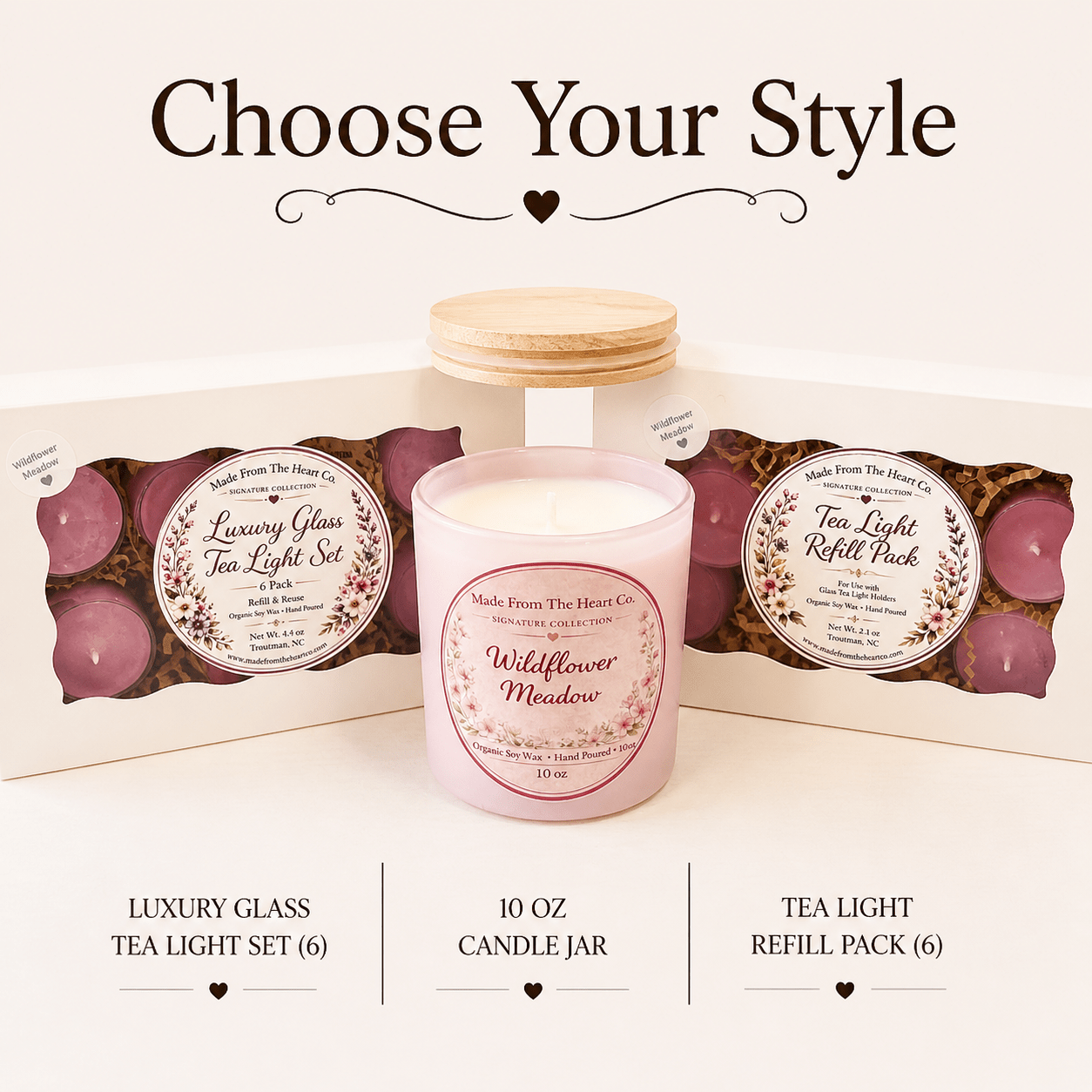 Organic Soy Luxury Glass Jar Candle - Tea Lights Wildflower Meadow Scent - Made From the Heart Co