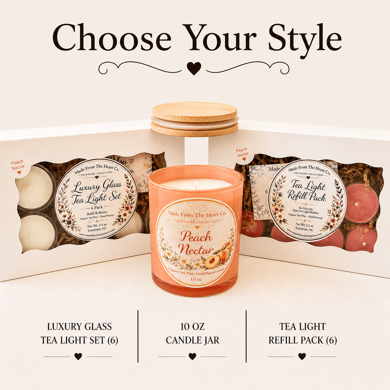 Peach Nectar Organic Soy Candle | Luxury Candle Jar, Glass Tea Light Set & Refills | Handmade Gift - Made From the Heart Co