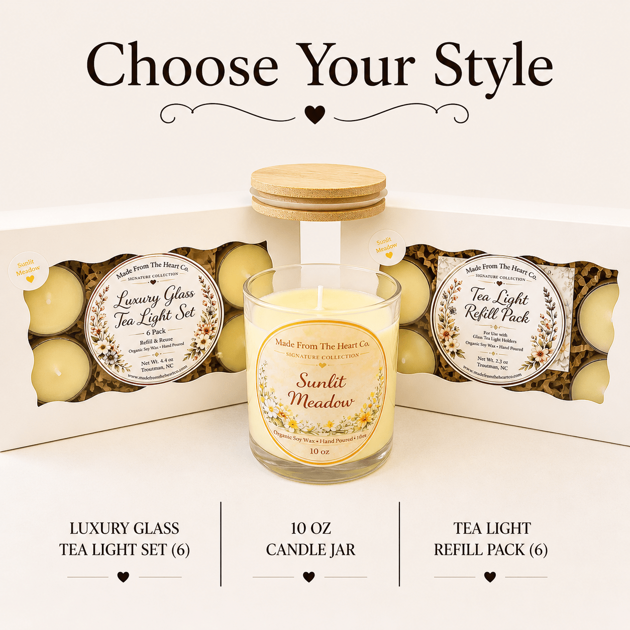 Sunlit Meadow Organic Soy Candle | Luxury Candle Jar, Glass Tea Light Set & Refills | Handmade Gift - Made From the Heart Co