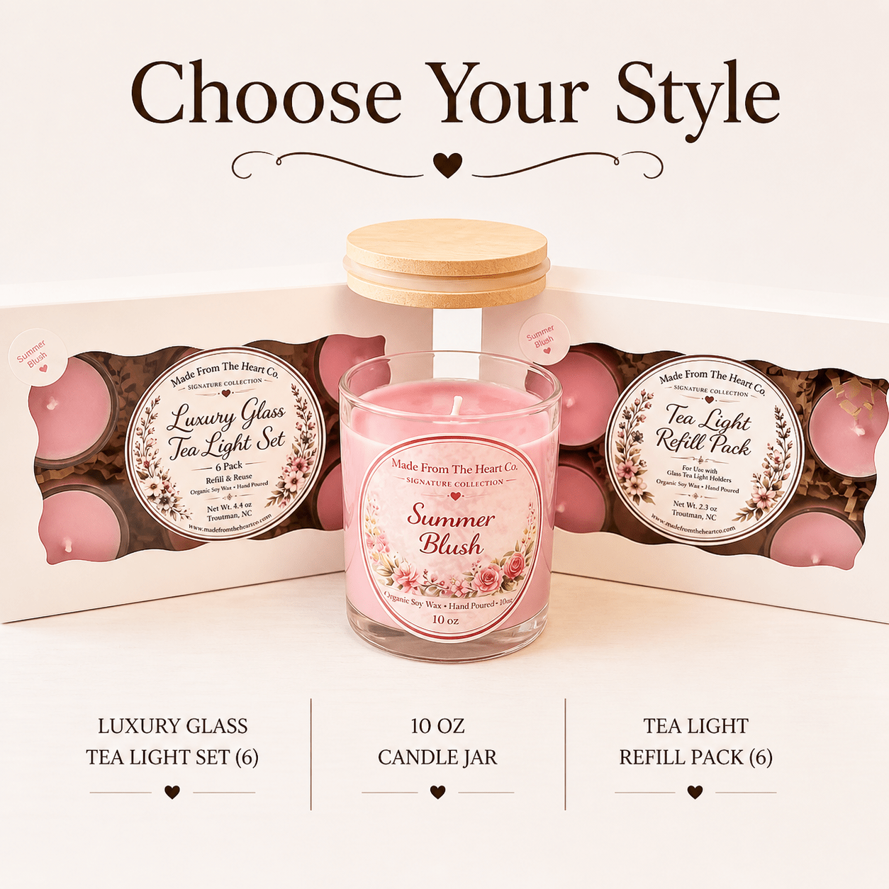 Summer Blush Organic Soy Candle | Luxury Candle Jar, Glass Tea Light Set & Refills | Handmade Gift - Made From the Heart Co