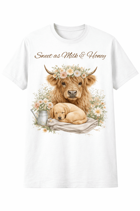 Sweet as Milk & Honey Highland Cow Shirt | Floral Cow & Puppy Tee | Cute Farmhouse Graphic T-Shirt - Made From the Heart Co