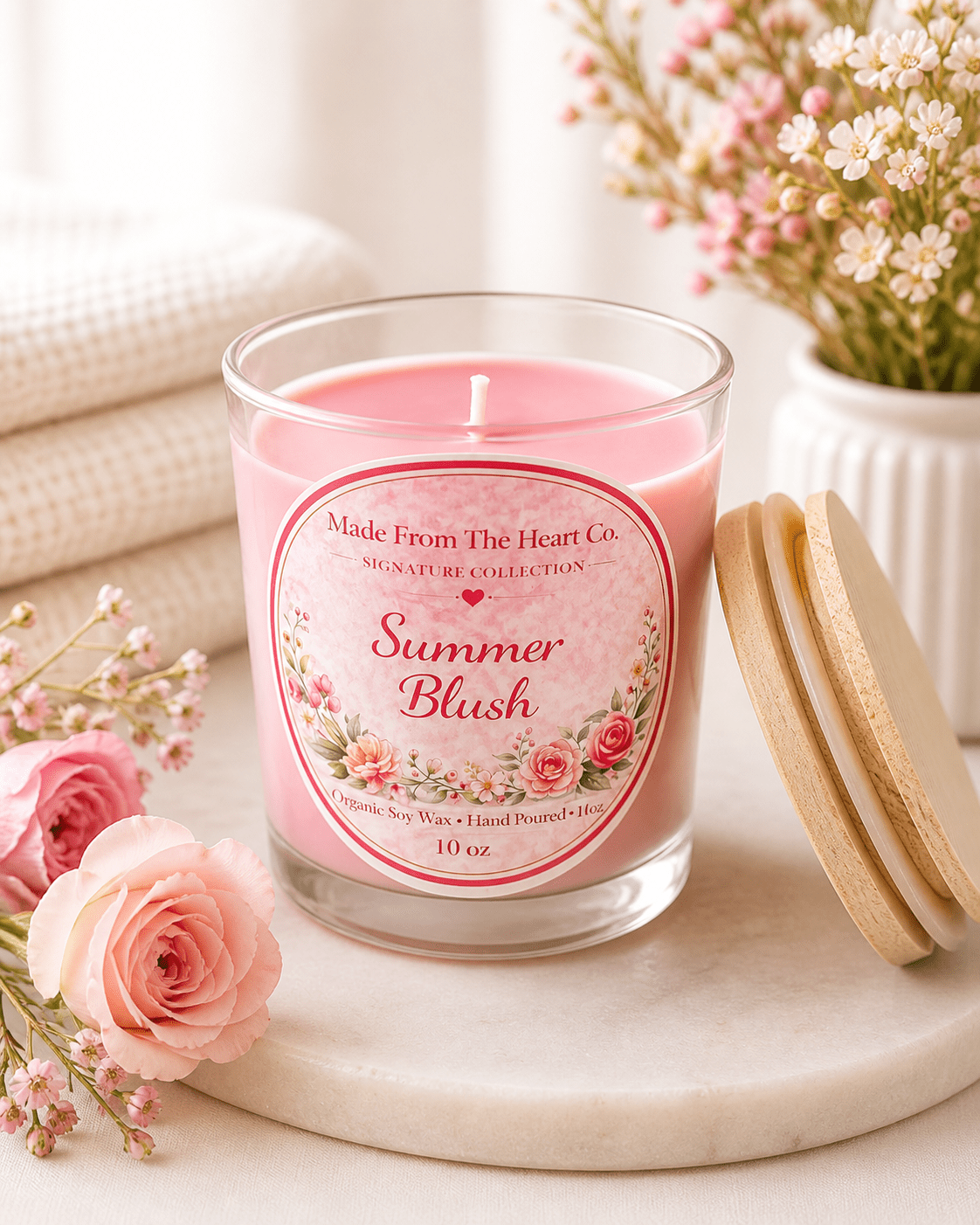 Summer Blush Organic Soy Candle | Luxury Candle Jar, Glass Tea Light Set & Refills | Handmade Gift - Made From the Heart Co