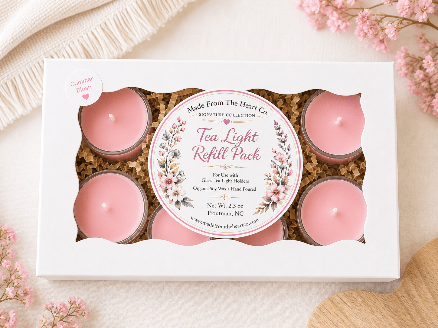 Summer Blush Organic Soy Candle | Luxury Candle Jar, Glass Tea Light Set & Refills | Handmade Gift - Made From the Heart Co