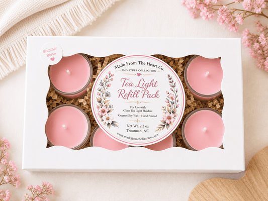 Summer Blush Organic Soy Candle | Luxury Candle Jar, Glass Tea Light Set & Refills | Handmade Gift - Made From the Heart Co