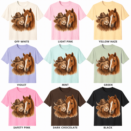 Highland Cow & Horse Western T-Shirt | Cowgirl Graphic Tee | Farm Animal Shirt | Country Style Shirt | Western Cow Tee - Made From the Heart Co