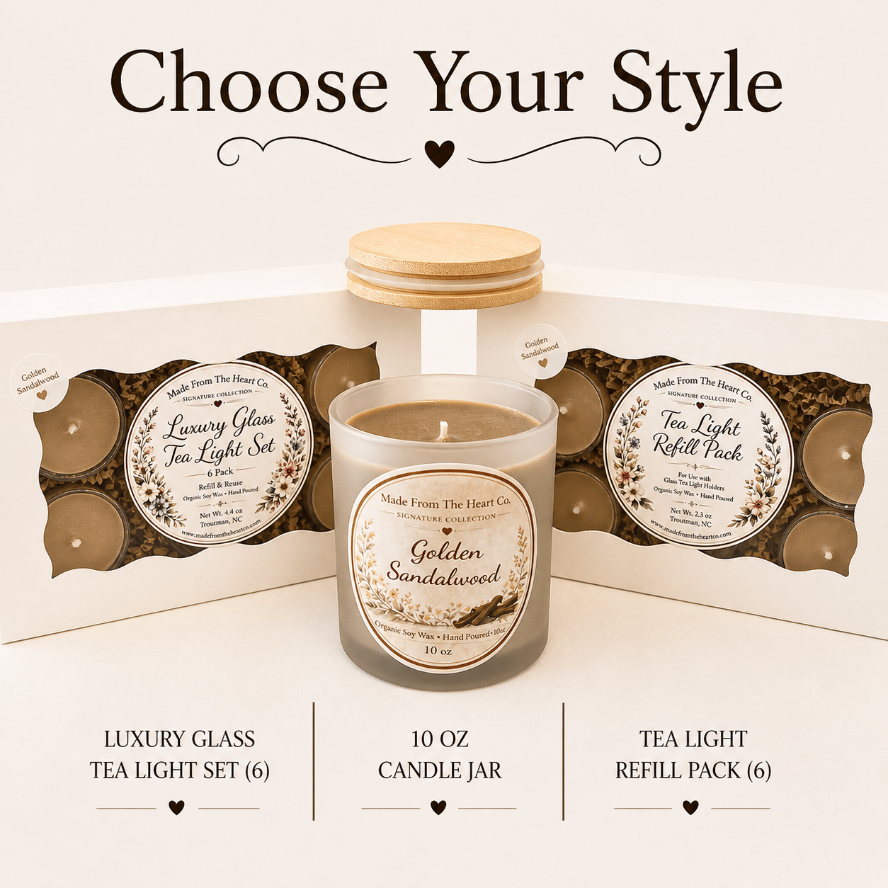 Golden Sandalwood Organic Soy Candle | Luxury Candle Jar, Glass Tea Light Set & Refills | Handmade Gift - Made From the Heart Co