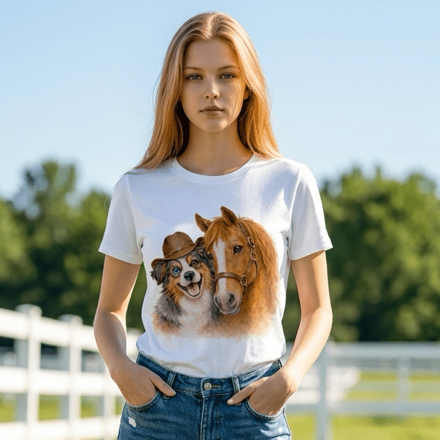 Australian Shepherd Dog & Horse Western T-Shirt | Cowboy Hat Dog Tee | Farm Animal Graphic Shirt | Country Style Tee | Animal Lover Shirt - Made From the Heart Co