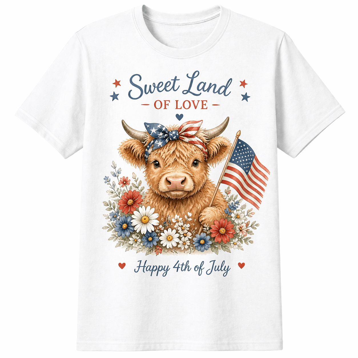 Sweet Land of Love Highland Cow Happy 4th of July T-Shirt - Made From the Heart Co