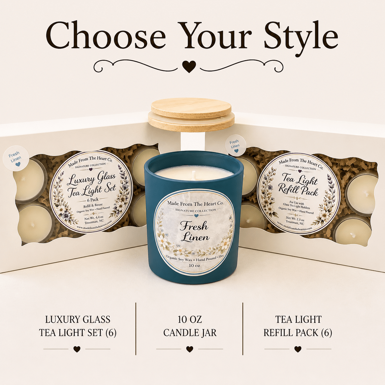 Fresh Linen Organic Soy Candle | Luxury Candle Jar, Glass Tea Light Set & Refills | Handmade Gift - Made From the Heart Co