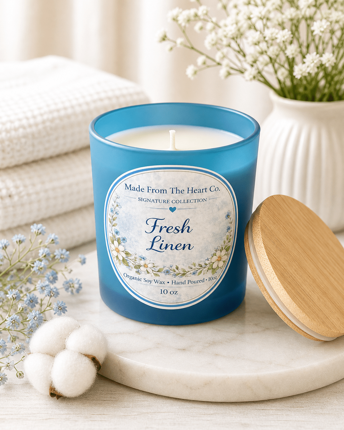 Fresh Linen Organic Soy Candle | Luxury Candle Jar, Glass Tea Light Set & Refills | Handmade Gift - Made From the Heart Co