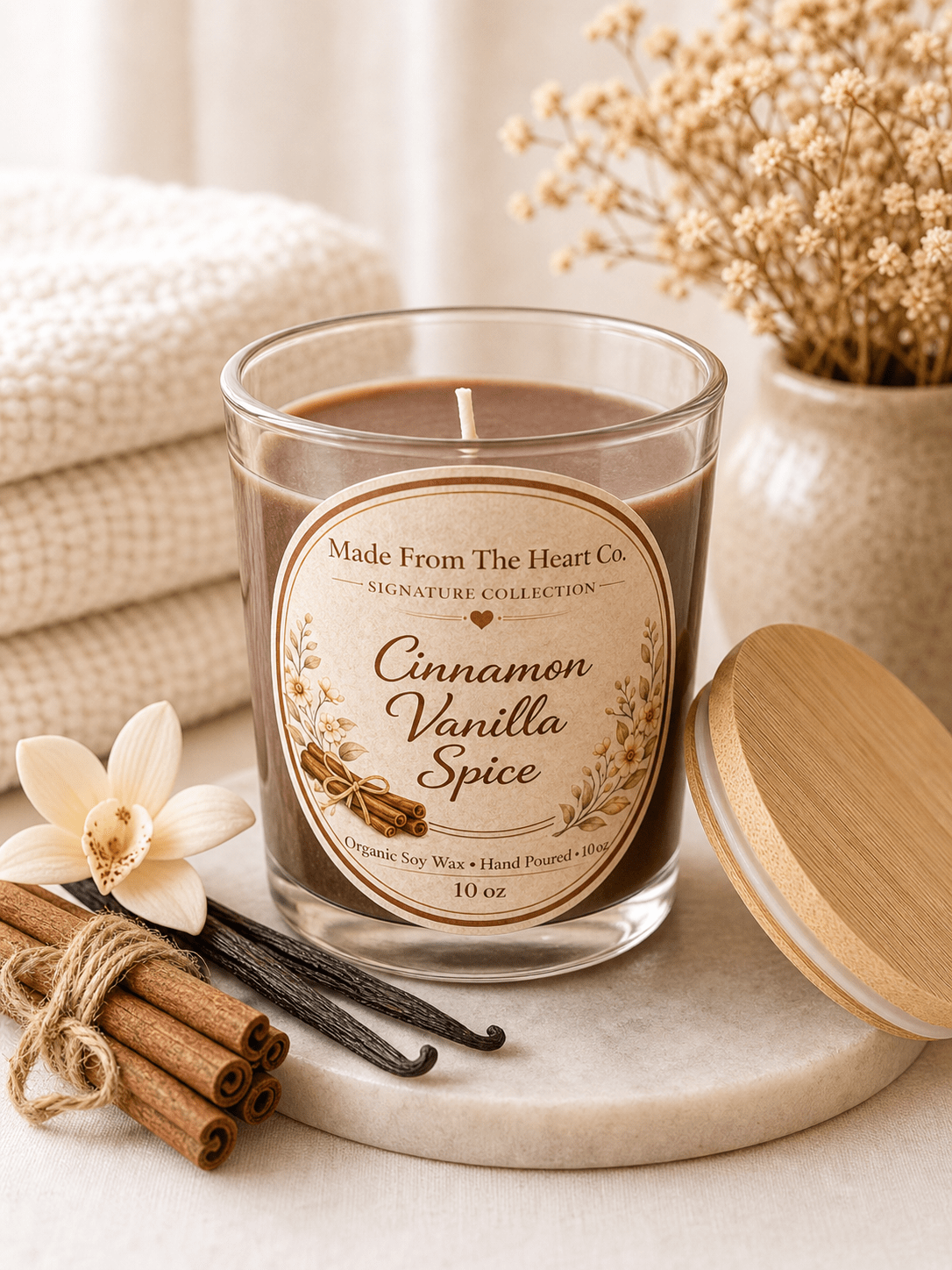 Cinnamon Vanilla Spice Organic Soy Candle | Luxury Candle Jar, Glass Tea Light Set & Refills | Handmade Gift - Made From the Heart Co