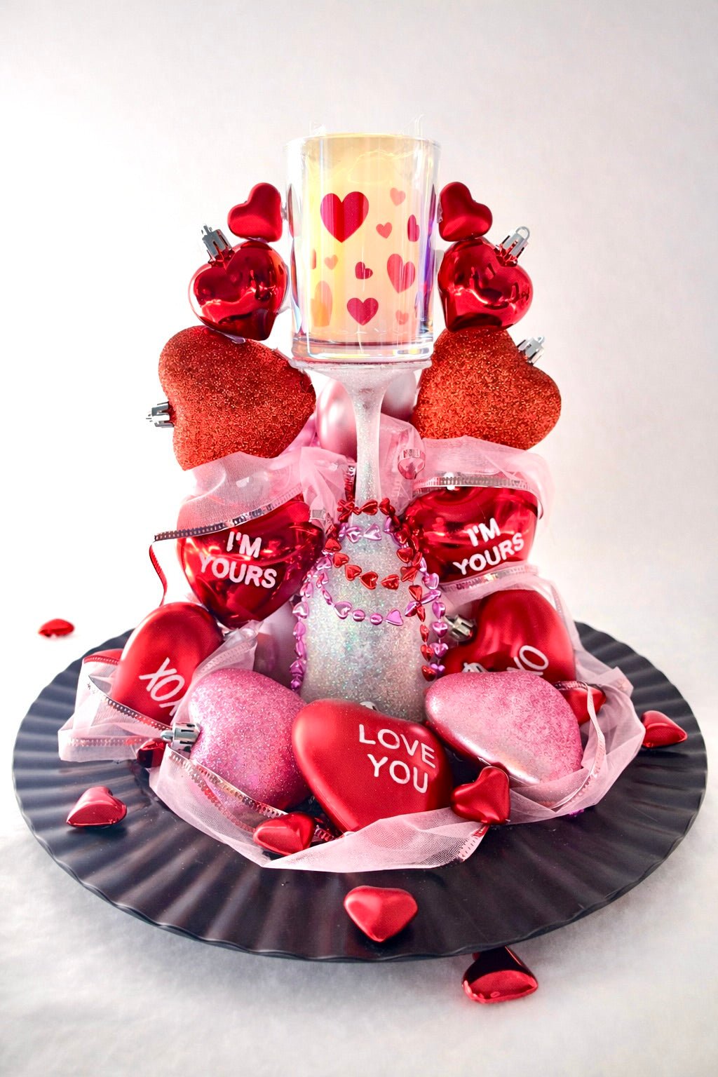 Romantic Valentine Heart Centerpiece with Candle with hearts and lights - Made From the Heart Co
