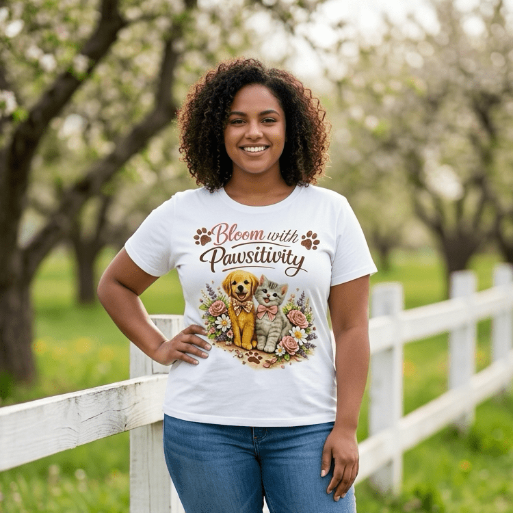 Bloom with Pawsitivity T-Shirt | Cute Dog & Cat Floral Tee | Pet Lover Shirt | Positive Quote Shirt | Gift for Animal Lovers - Made From the Heart Co