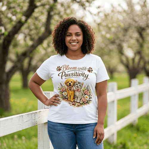 Bloom with Pawsitivity T-Shirt | Cute Dog & Cat Floral Tee | Pet Lover Shirt | Positive Quote Shirt | Gift for Animal Lovers - Made From the Heart Co