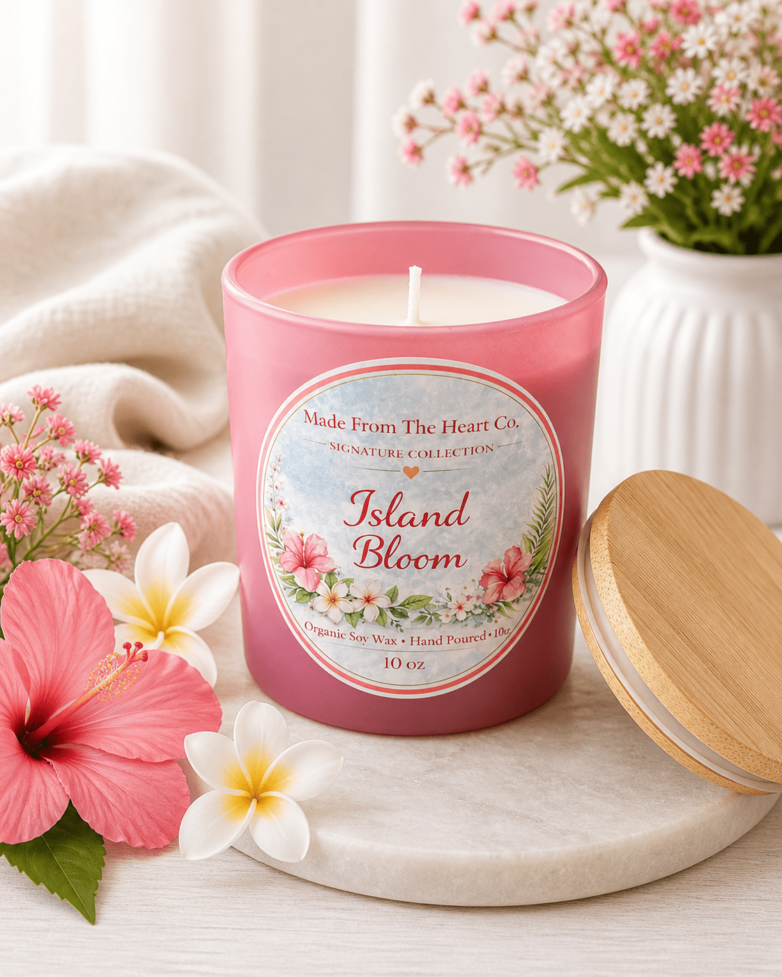 Island Bloom Organic Soy Candle | Luxury Candle Jar, Glass Tea Light Set & Refills | Handmade Gift - Made From the Heart Co