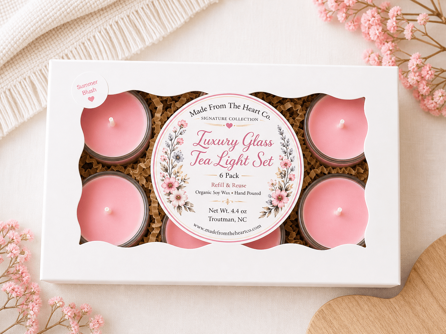 Summer Blush Organic Soy Candle | Luxury Candle Jar, Glass Tea Light Set & Refills | Handmade Gift - Made From the Heart Co