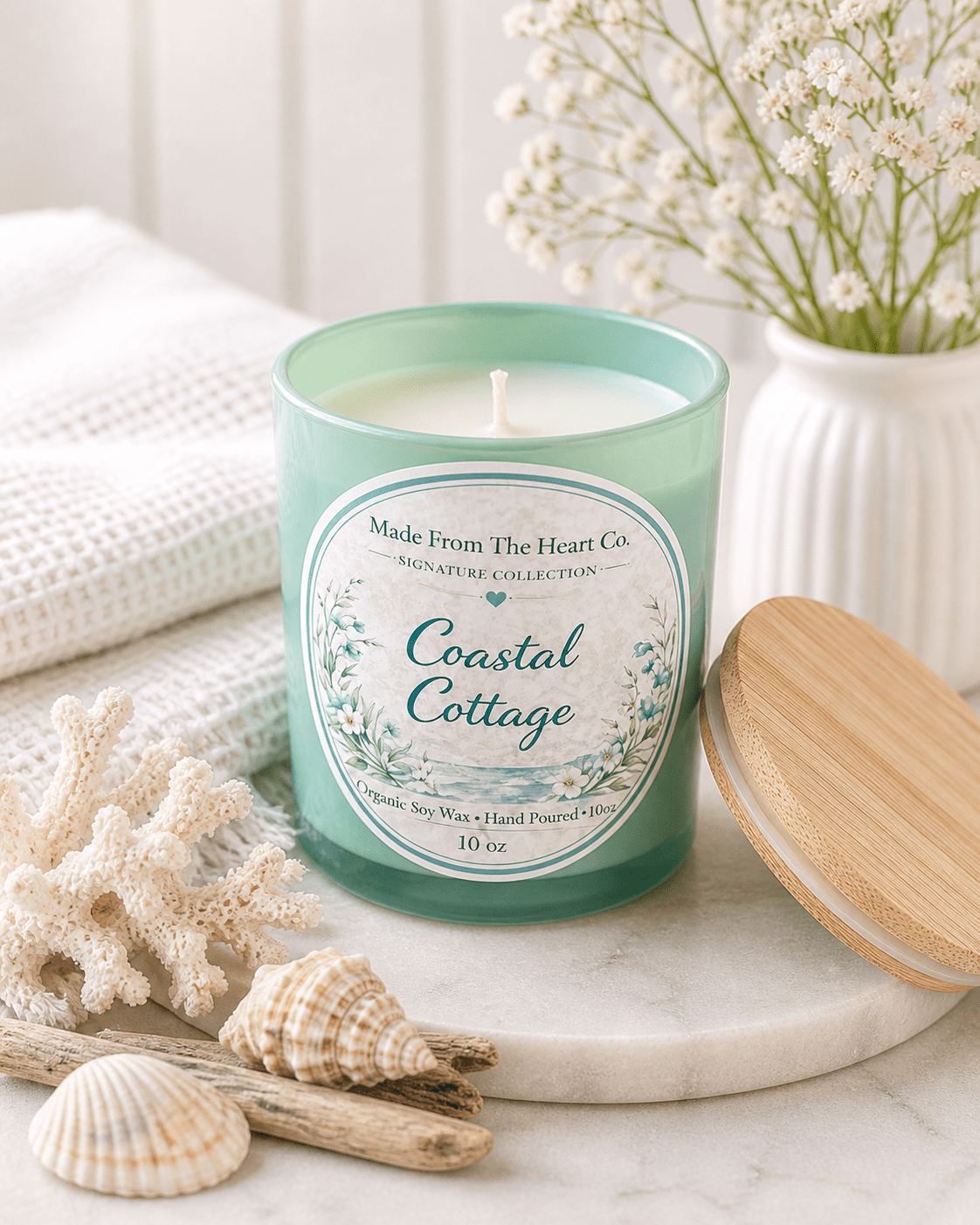 Coastal Cottage Organic Soy Candle | Luxury Candle Jar, Glass Tea Light Set & Refills | Handmade Gift - Made From the Heart Co
