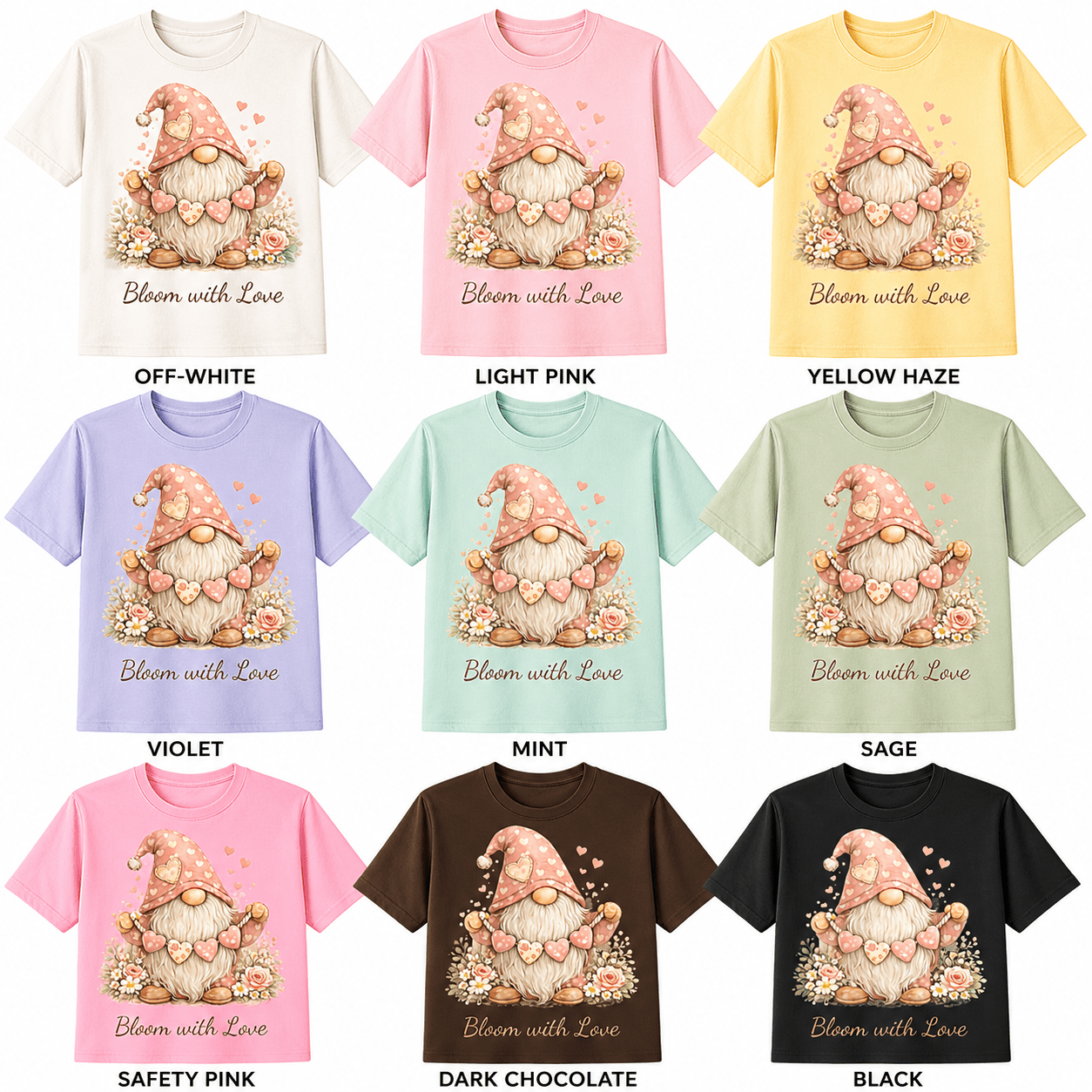 Bloom with Love Gnome T-Shirt | Cute Spring Gnome Shirt | Floral Heart Gnome Tee | - Made From the Heart Co