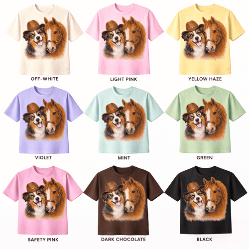 Australian Shepherd Dog & Horse Western T-Shirt | Cowboy Hat Dog Tee | Farm Animal Graphic Shirt | Country Style Tee | Animal Lover Shirt - Made From the Heart Co