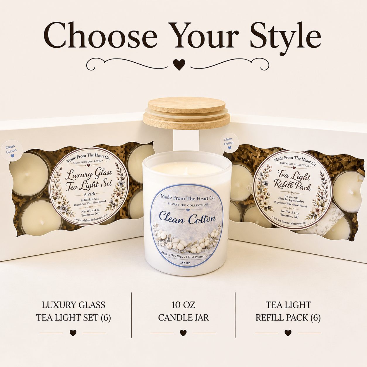 Clean Cotton Organic Soy Candle | Luxury Candle Jar, Glass Tea Light Set & Refills | Handmade Gift - Made From the Heart Co