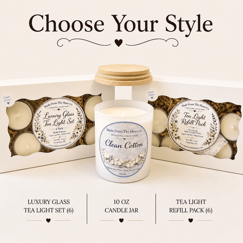 Clean Cotton Organic Soy Candle | Luxury Candle Jar, Glass Tea Light Set & Refills | Handmade Gift - Made From the Heart Co