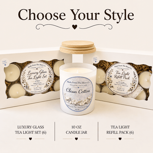 Clean Cotton Organic Soy Candle | Luxury Candle Jar, Glass Tea Light Set & Refills | Handmade Gift - Made From the Heart Co