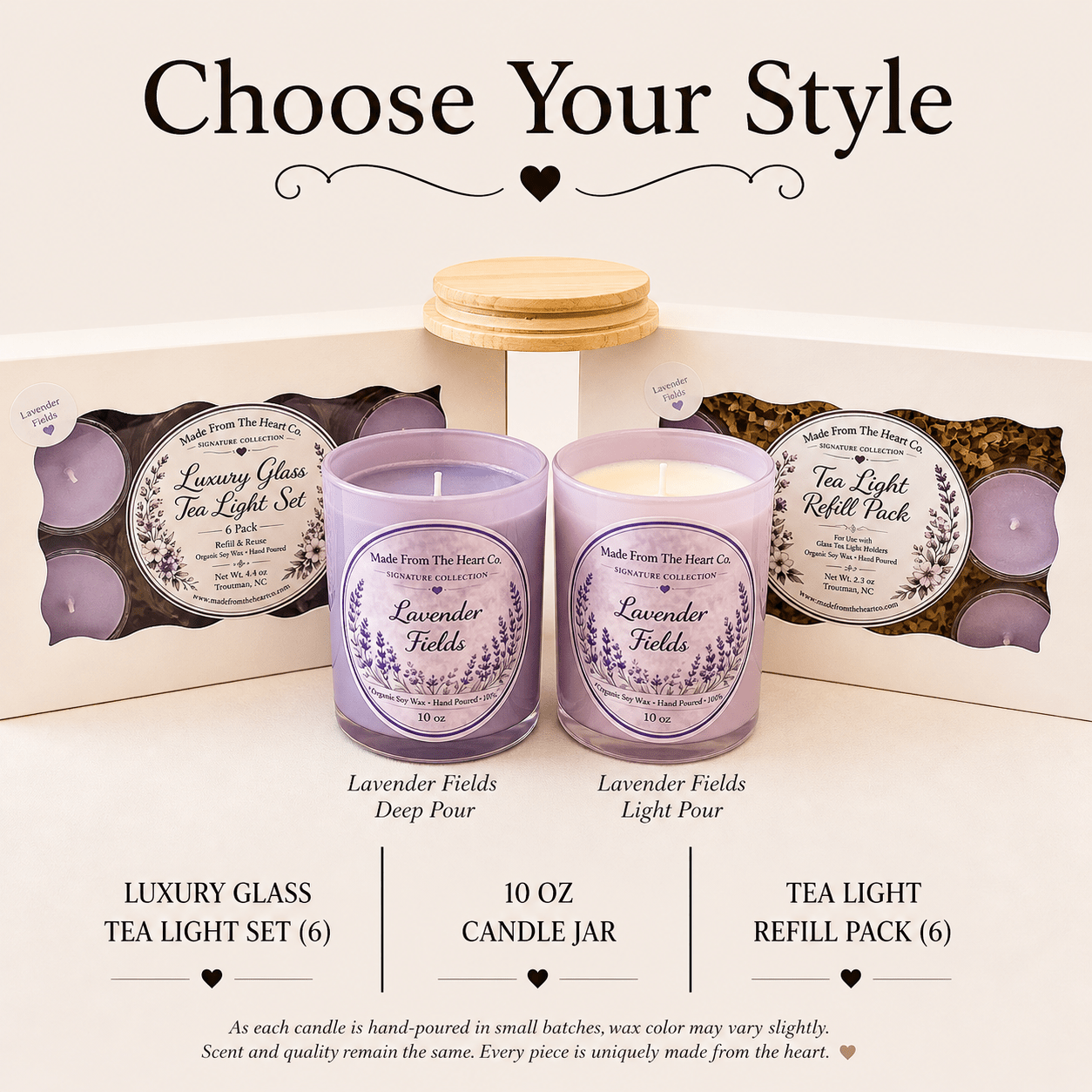 Lavender Fields Organic Soy Candle | Luxury Candle, Glass Tea Light Set & Refills | Handmade Gift - Made From the Heart Co