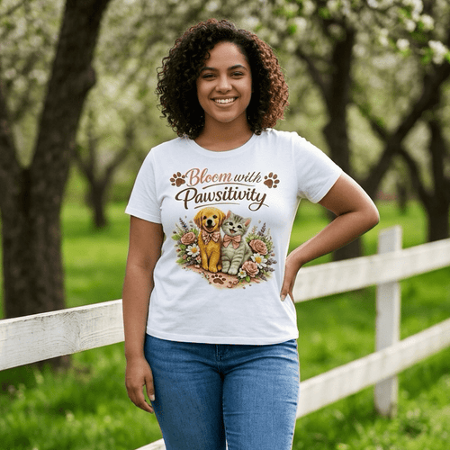 Bloom with Pawsitivity T-Shirt | Cute Dog & Cat Floral Tee | Pet Lover Shirt | Positive Quote Shirt | Gift for Animal Lovers - Made From the Heart Co