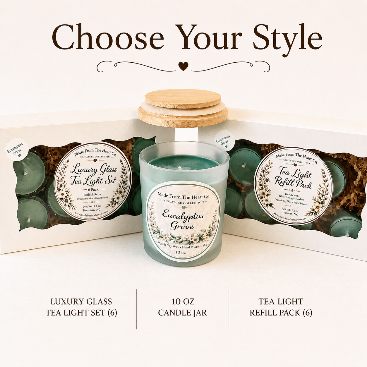 Eucalyptus Grove Organic Soy Candle | Luxury Candle Jar, Glass Tea Light Set & Refills | Handmade Gift - Made From the Heart Co