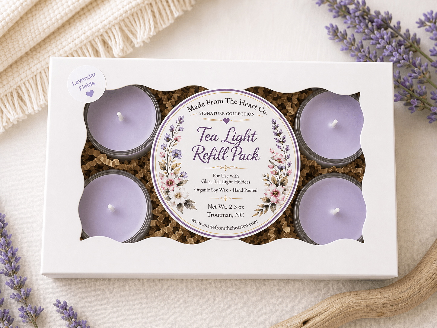 Lavender Fields Organic Soy Candle |  Glass Tea Light Set & Refills | Handmade Gift - Made From the Heart Co