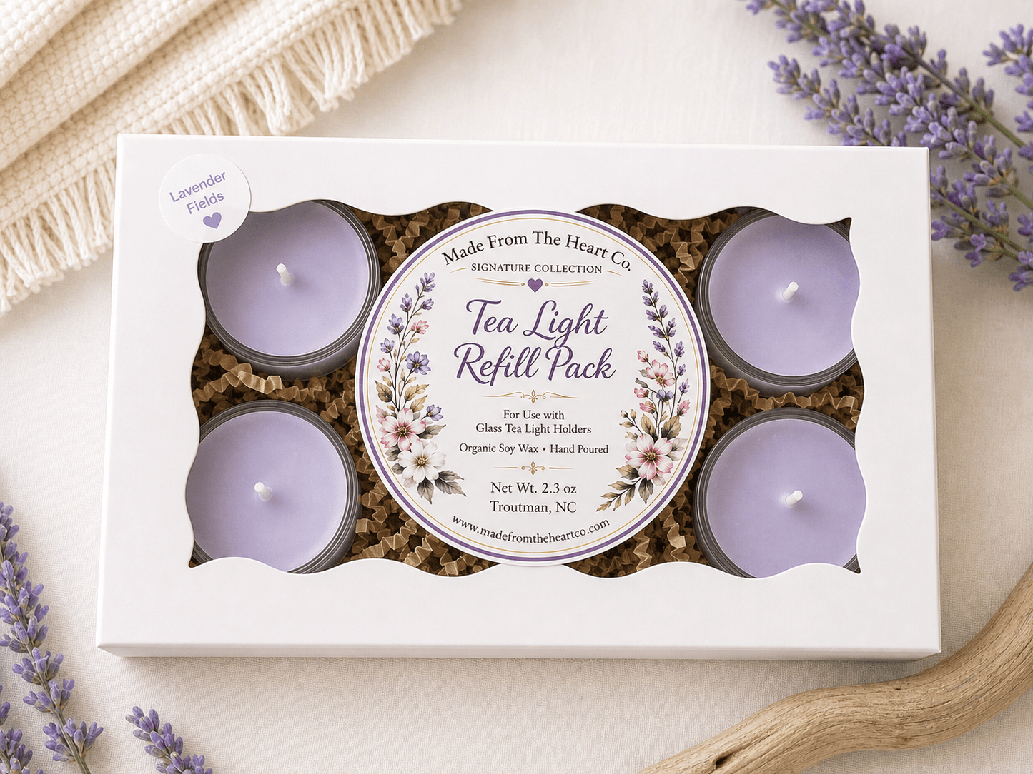 Lavender Fields Organic Soy Candle |  Glass Tea Light Set & Refills | Handmade Gift - Made From the Heart Co