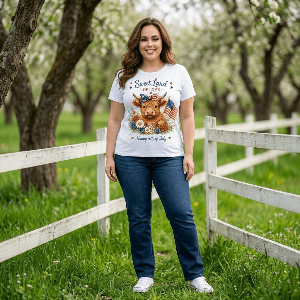 Sweet Land of Love Highland Cow Happy 4th of July T-Shirt - Made From the Heart Co
