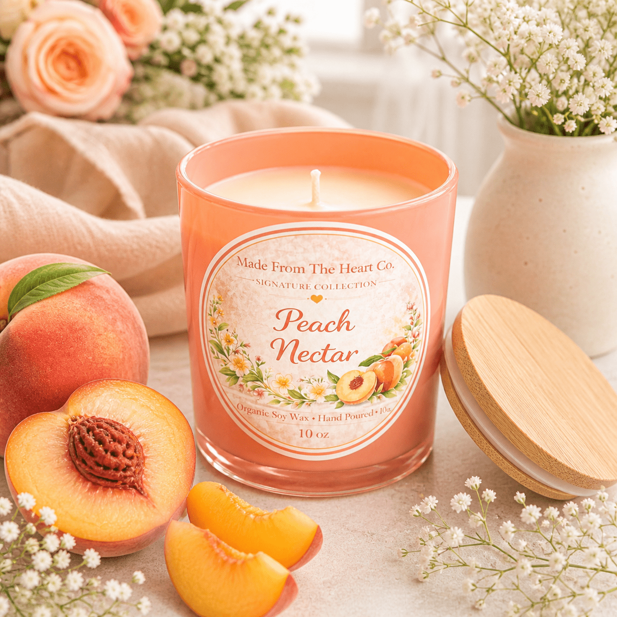 Peach Nectar Organic Soy Candle | Luxury Candle Jar, Glass Tea Light Set & Refills | Handmade Gift - Made From the Heart Co