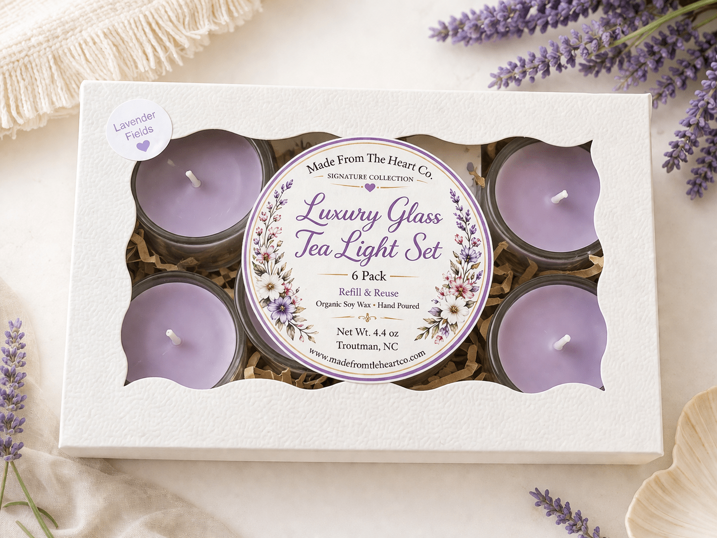 Lavender Fields Organic Soy Candle | Glass Tea Light Set| Handmade Gift - Made From the Heart Co