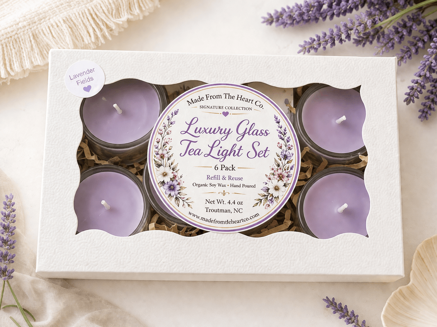 Lavender Fields Organic Soy Candle | Glass Tea Light Set| Handmade Gift - Made From the Heart Co