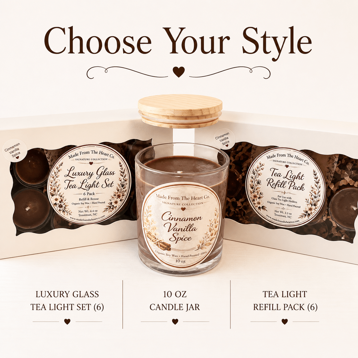 Cinnamon Vanilla Spice Organic Soy Candle | Luxury Candle Jar, Glass Tea Light Set & Refills | Handmade Gift - Made From the Heart Co