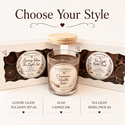 Cinnamon Vanilla Spice Organic Soy Candle | Luxury Candle Jar, Glass Tea Light Set & Refills | Handmade Gift - Made From the Heart Co