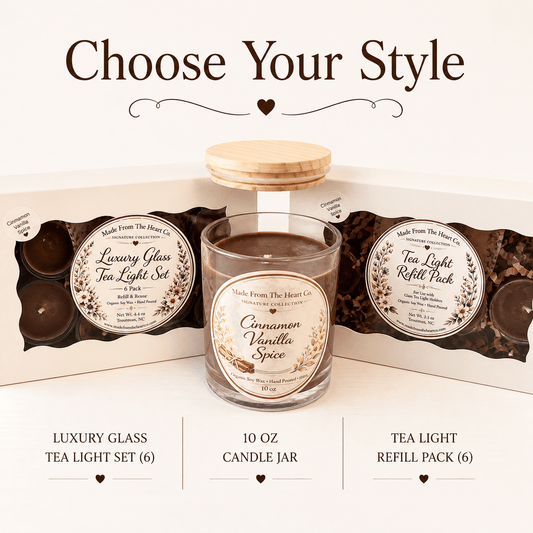 Cinnamon Vanilla Spice Organic Soy Candle | Luxury Candle Jar, Glass Tea Light Set & Refills | Handmade Gift - Made From the Heart Co