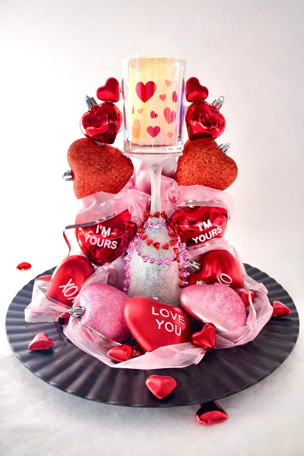 Romantic Valentine Heart Centerpiece with Candle with hearts and lights - Made From the Heart Co