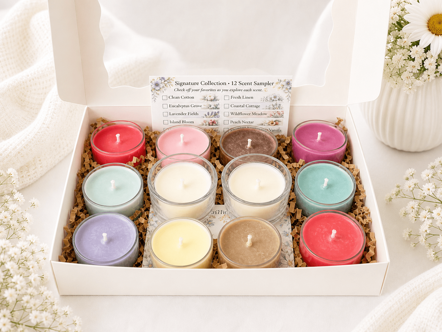 Signature Collection Candle Sampler Set - 12 Scents Tea Light Refills + 2 Glass Holders - Made From the Heart Co