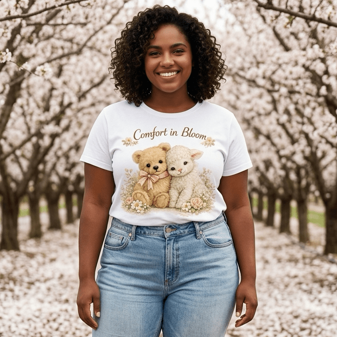 Comfort in Bloom Teddy Bear & Lamb T-Shirt – Soft Spring Floral Graphic Tee | Cute Cottagecore Gift | Kids & Adult Sizes - Made From the Heart Co