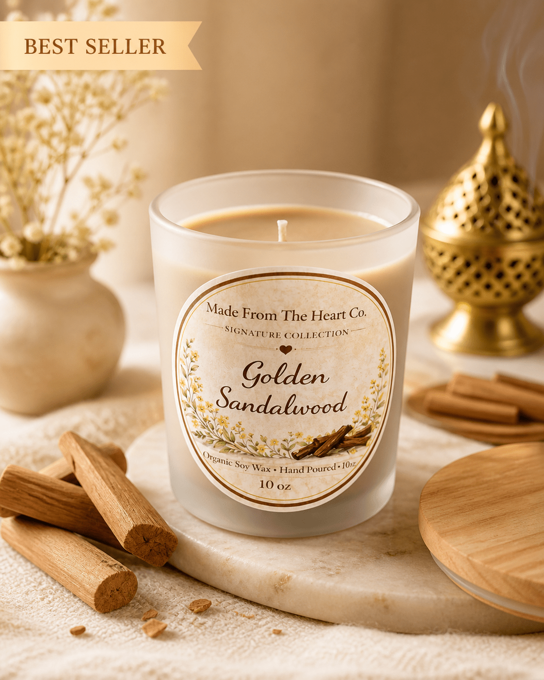 Golden Sandalwood Organic Soy Candle | Luxury Candle Jar, Glass Tea Light Set & Refills | Handmade Gift - Made From the Heart Co
