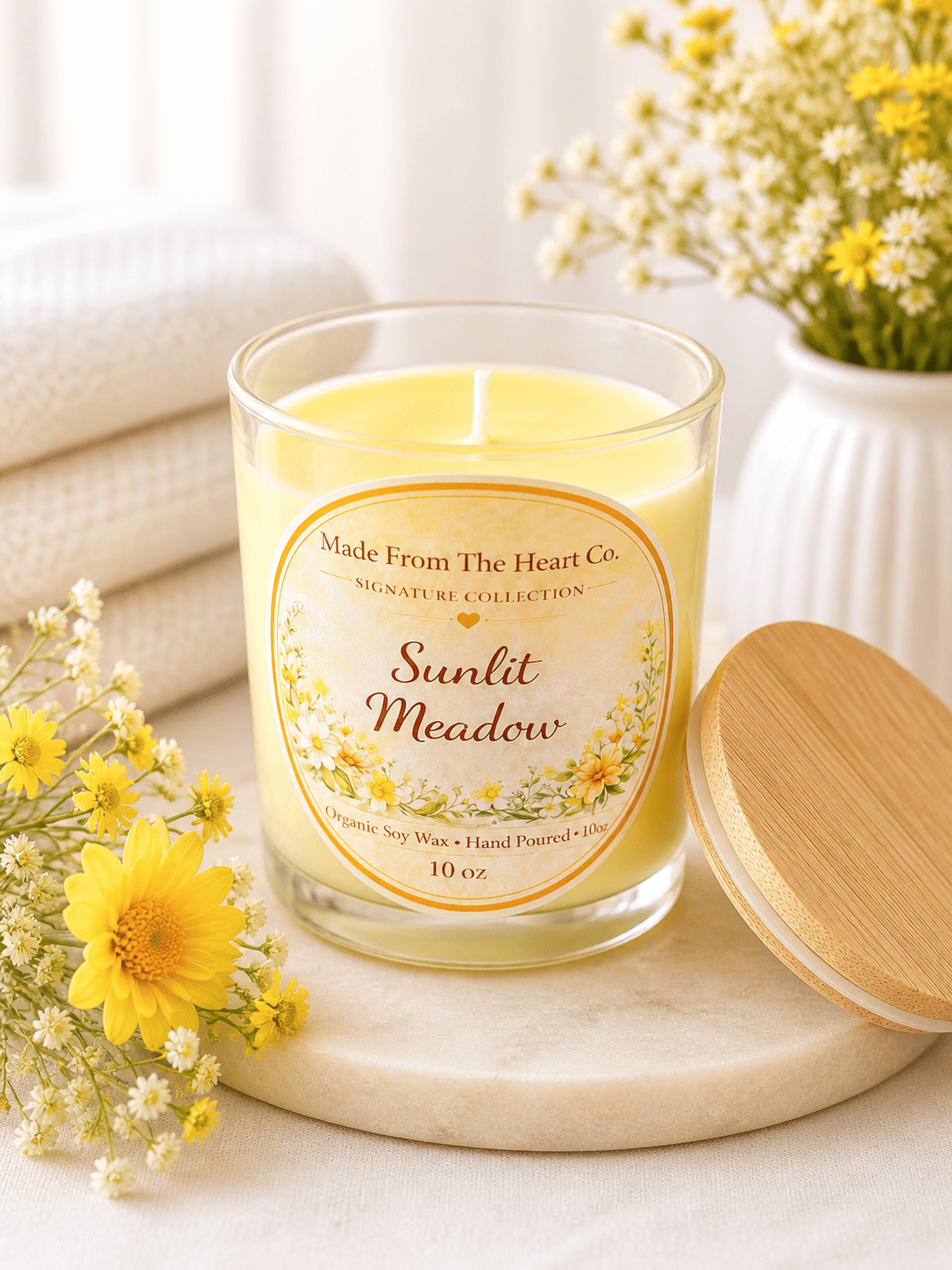 Sunlit Meadow Organic Soy Candle | Luxury Candle Jar, Glass Tea Light Set & Refills | Handmade Gift - Made From the Heart Co