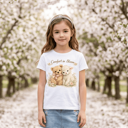 Comfort in Bloom Teddy Bear & Lamb T-Shirt – Soft Spring Floral Graphic Tee | Cute Cottagecore Gift | Kids & Adult Sizes - Made From the Heart Co