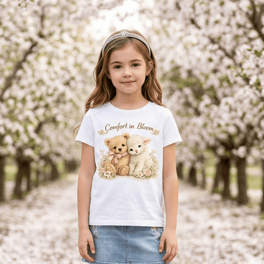 Comfort in Bloom Teddy Bear & Lamb T-Shirt – Soft Spring Floral Graphic Tee | Cute Cottagecore Gift | Kids & Adult Sizes - Made From the Heart Co
