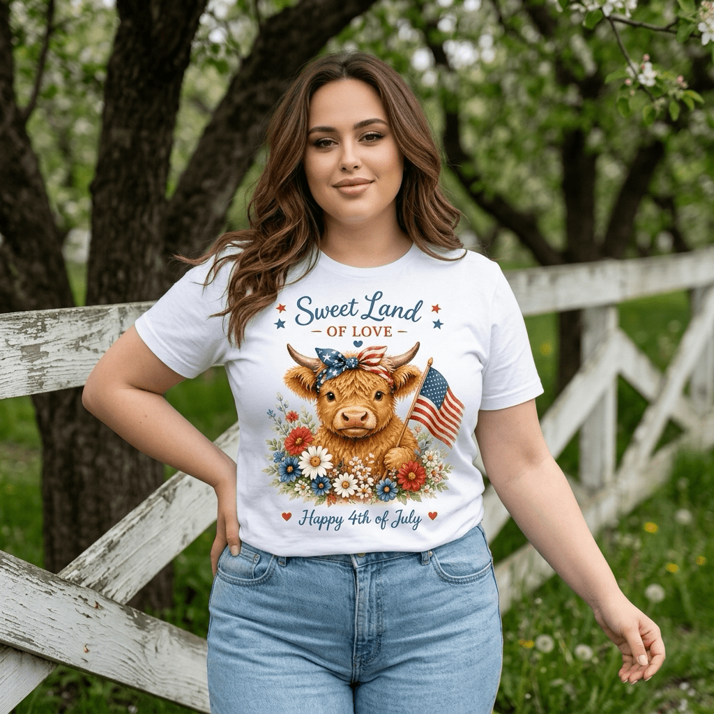 Sweet Land of Love Highland Cow Happy 4th of July T-Shirt - Made From the Heart Co