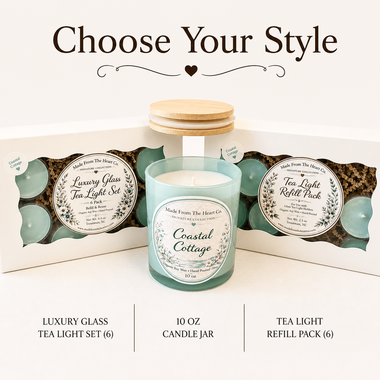 Coastal Cottage Organic Soy Candle | Luxury Candle Jar, Glass Tea Light Set & Refills | Handmade Gift - Made From the Heart Co