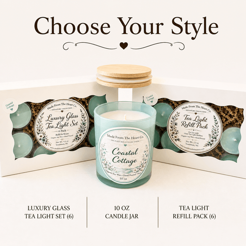 Coastal Cottage Organic Soy Candle | Luxury Candle Jar, Glass Tea Light Set & Refills | Handmade Gift - Made From the Heart Co