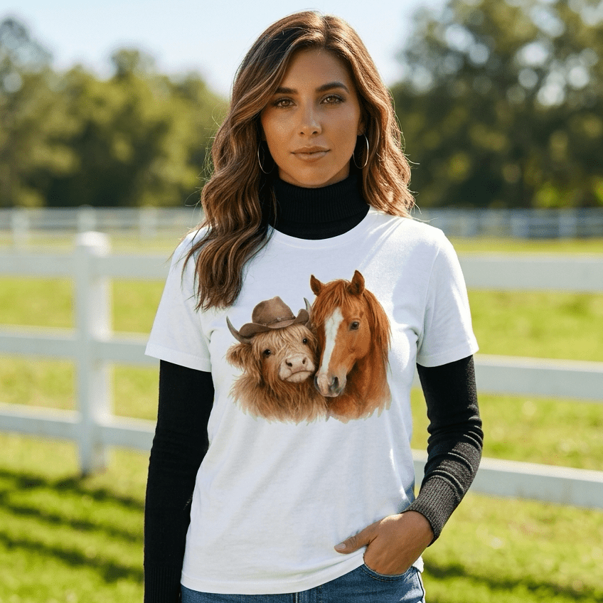 Highland Cow & Horse Western T-Shirt | Cowgirl Graphic Tee | Farm Animal Shirt | Country Style Shirt | Western Cow Tee - Made From the Heart Co